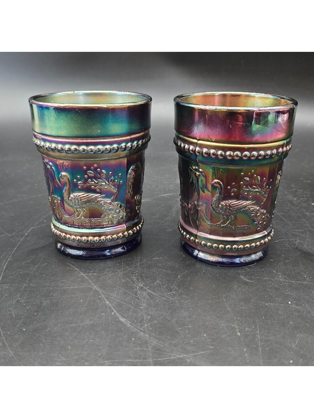 Antique Dugan Peacock at the Fountain Carnival Glass Tumblers Cobalt Blue Set